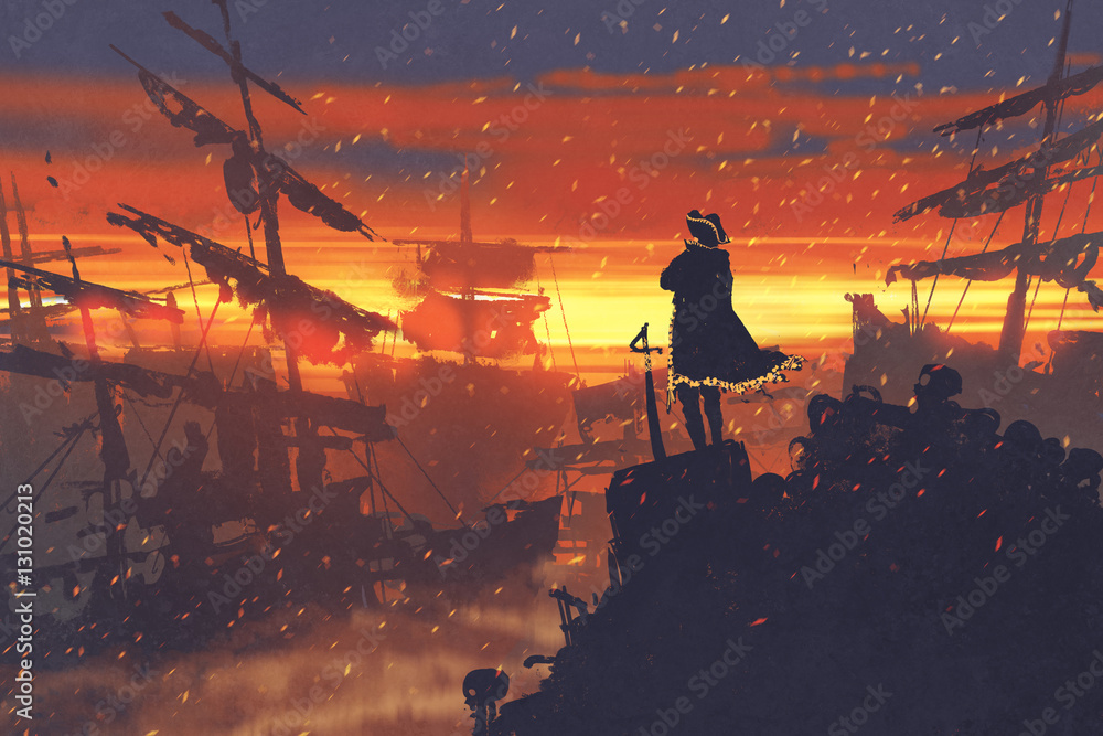 Naklejka premium pirat stojący na stosie skarbów zrujnowanych statków o zachodzie słońca, malowanie ilustracji