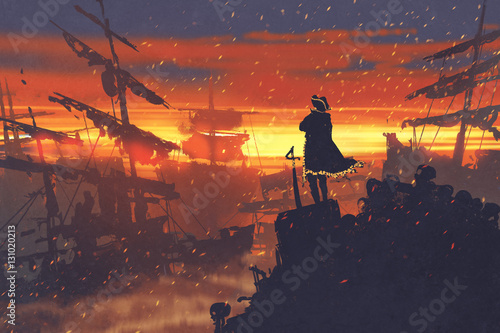 pirate standing on treasure pile against ruined ships at sunset,illustration painting © grandfailure