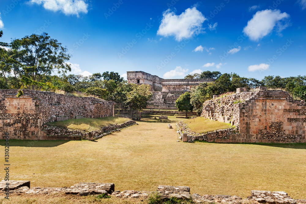 Partially restored Ball Court with one ring, looking towards the House of the Turtles, Uxmal, Mexico