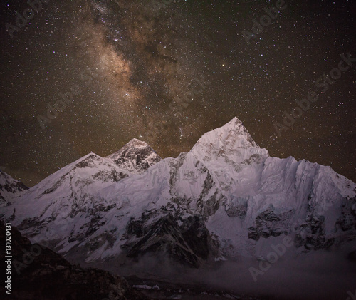 Milky Way over the Himalayan peaks. Everest peak (8848 m) and Nuptse peak (7861 m) at the night time.