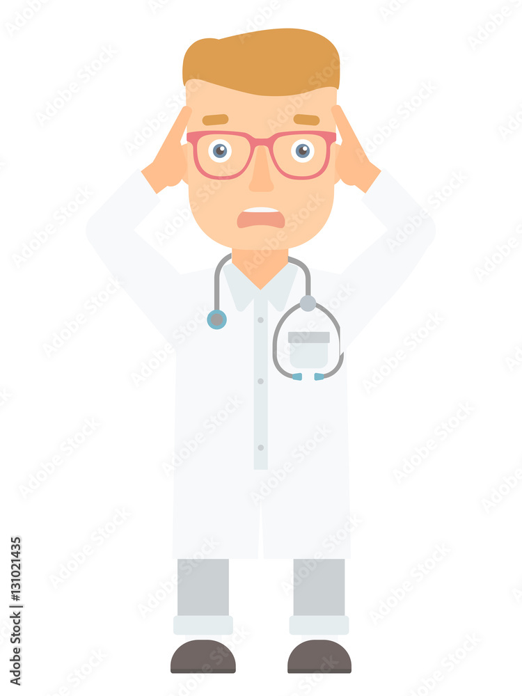 Scared doctor clutching his head. Scared doctor clutching his head.