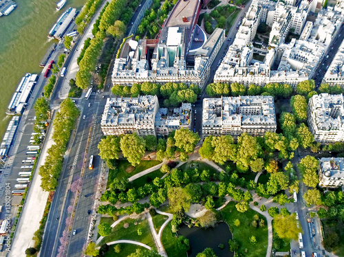 Aerial view of Paris from the Eiffel tower, Spring day in Paris, France