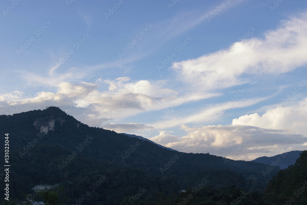 High mountains, white clouds and blue sky landscape.