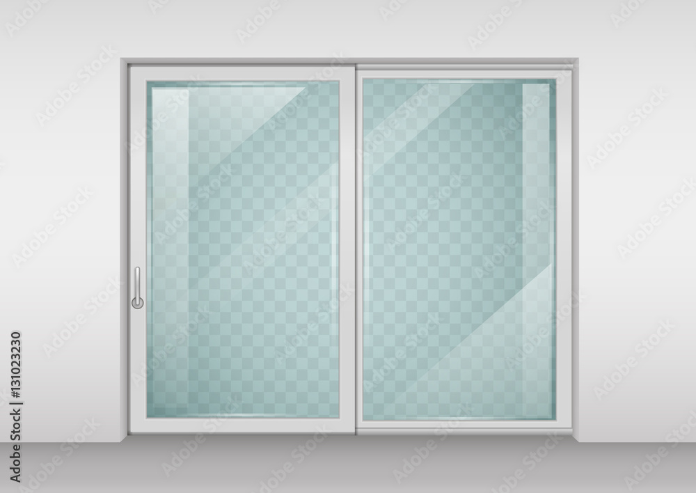 Modern wide sliding door with transparent glass. Vector graphics. The interior of the room. Modern wide sliding door with transparent glass. Vector graphics. The interior of the room.