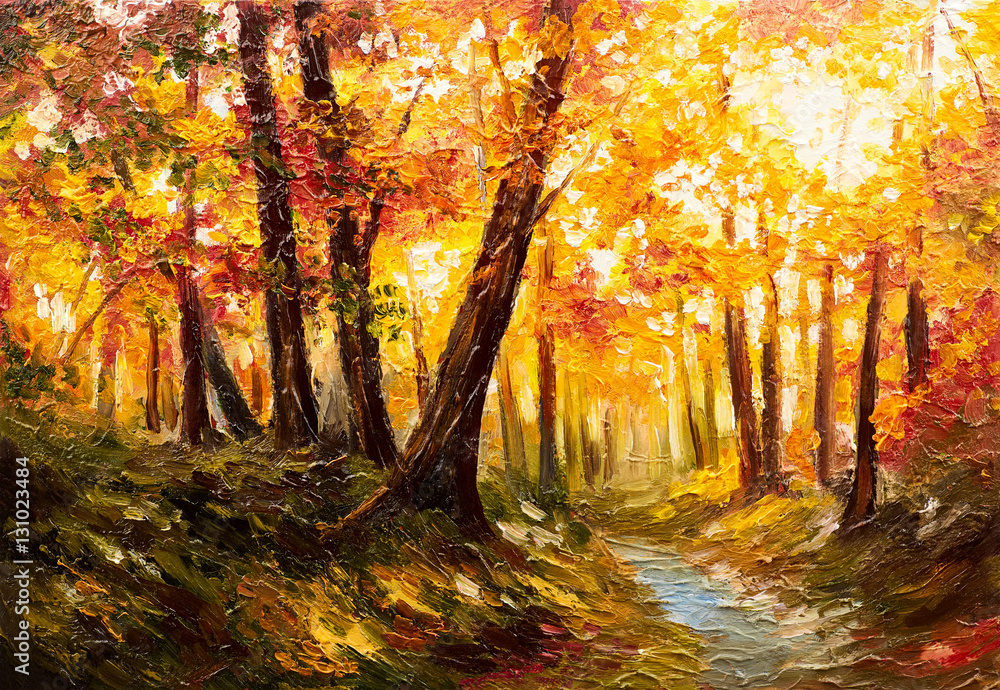Obraz Obraz olejny krajobraz - jesień las blisko rzeki, pomarańczowi liście