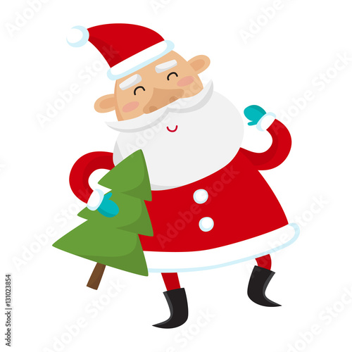 Santa Claus with Christmas tree isolated on white. Vector illustration