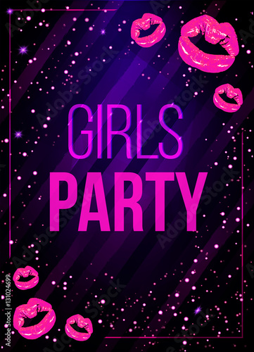 Vector girls night party poster illustration with shining pink lips.