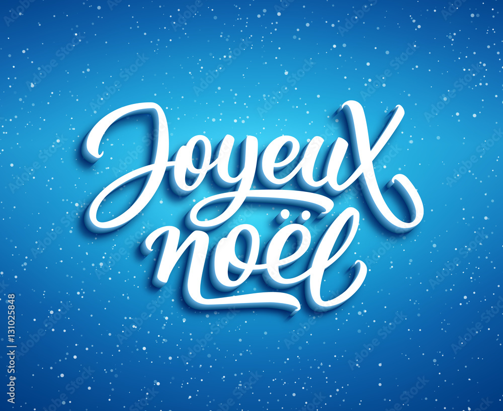 Joyeux Noel lettering on blue vector background with sparkles. Christmas greeting card design with 3D typography french text
