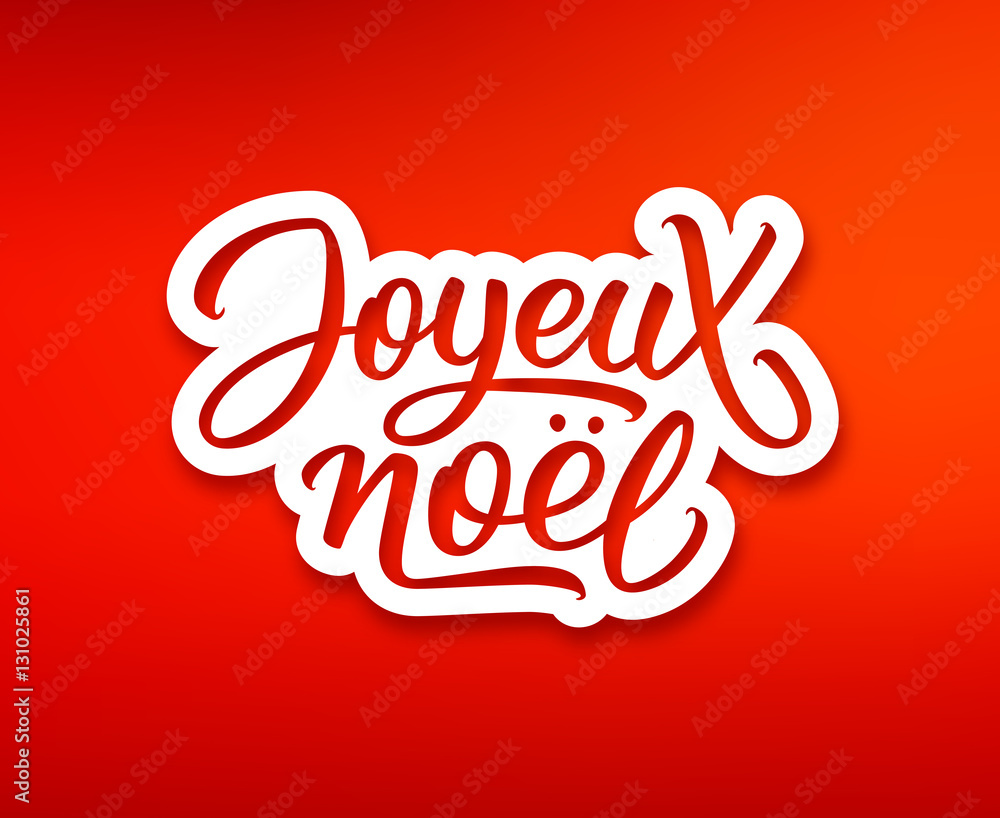 Joyeux Noel text on white paper label with hand lettering over red background. Merry Christmas sticker or greeting card vector design template with french inscription