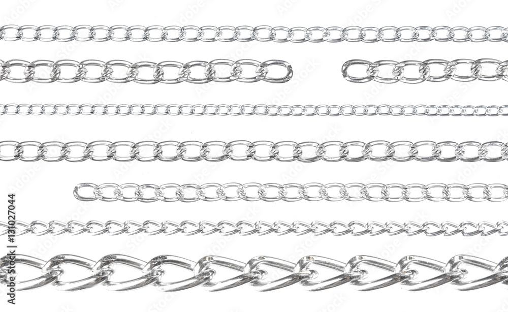 Collection of Silver metal chains isolated on white background Collection of Silver metal chains isolated on white background