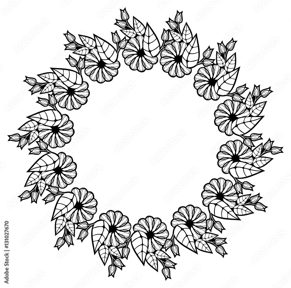 Fototapeta premium Round black and white frame with abstract decorative flowers. Copy space.