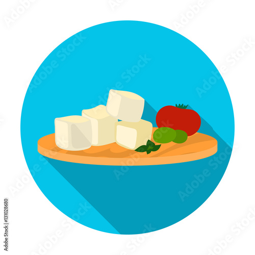 Diced cheese feta with tomatoes and olives on the cutting board icon in flat style isolated on white background. Greece symbol stock vector illustration.