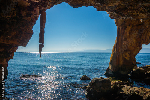 Rock formations on the beach  in Loutra Edipsou, Evia, Greece photo