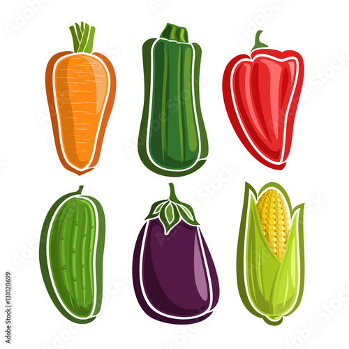 Vector Set Vegetables simple Logo: carrot, zucchini, red bell pepper, cucumber, eggplant, corn with green leaf; abstract primitive simplistic vegetables logo or minimalistic icon, isolated on white.