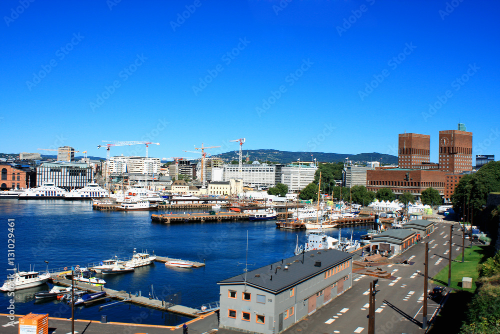 View on modern district Stranden, Aker Brygge district with lux buildings in Oslo, Norway