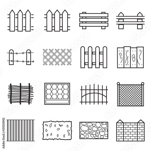 Set of difference fence icons isolated on a white background. Vector illustration