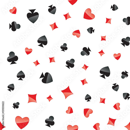Playing cards suits seamless pattern. Random placed heart, diamond, club, spade on white vector background. Gambling repeating texture.