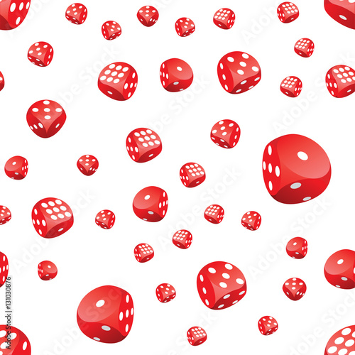 Seamless pattern of red gambling dices in motion randomly placed on white background. Adobe Illustrator EPS8 file.