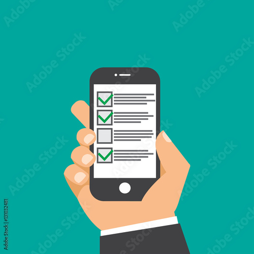 Checkboxes on smartphone screen. Hand hold smartphone
