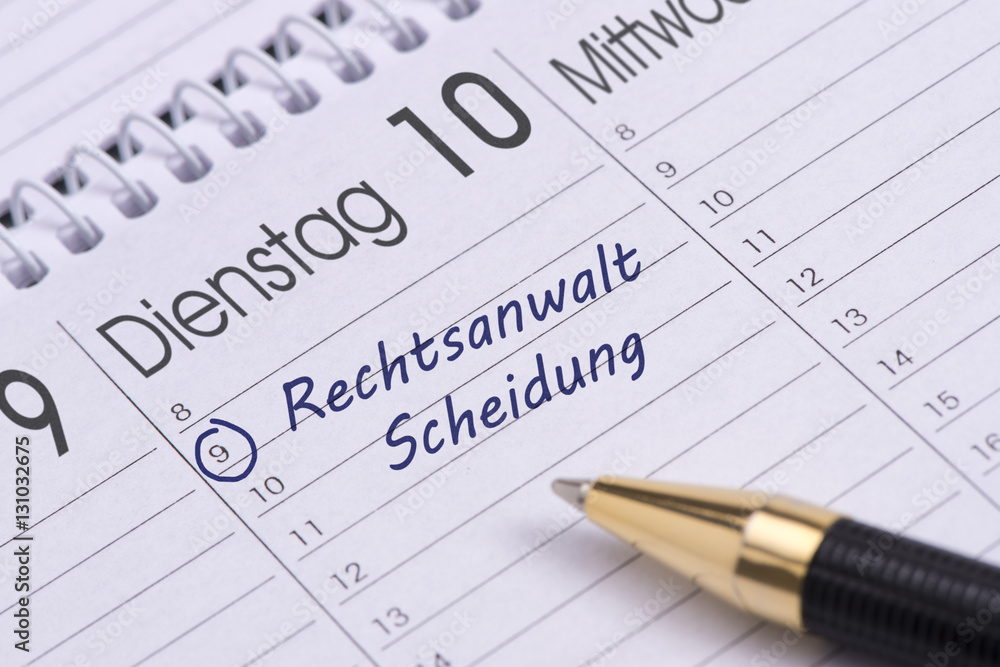 Terminkalender mit Eintrag Rechtsanwalt für Scheidung Terminkalender mit Eintrag Rechtsanwalt für Scheidung