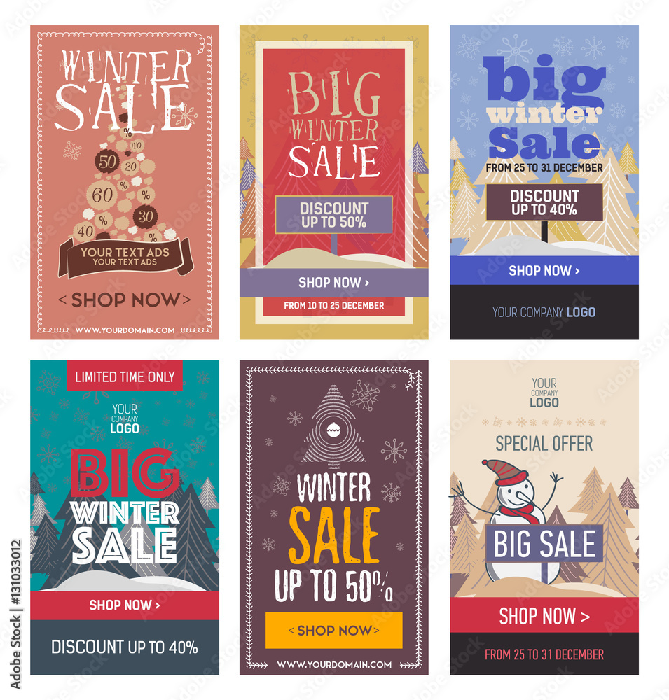 Winter and christmas sale banner set trend color, special offer and discount