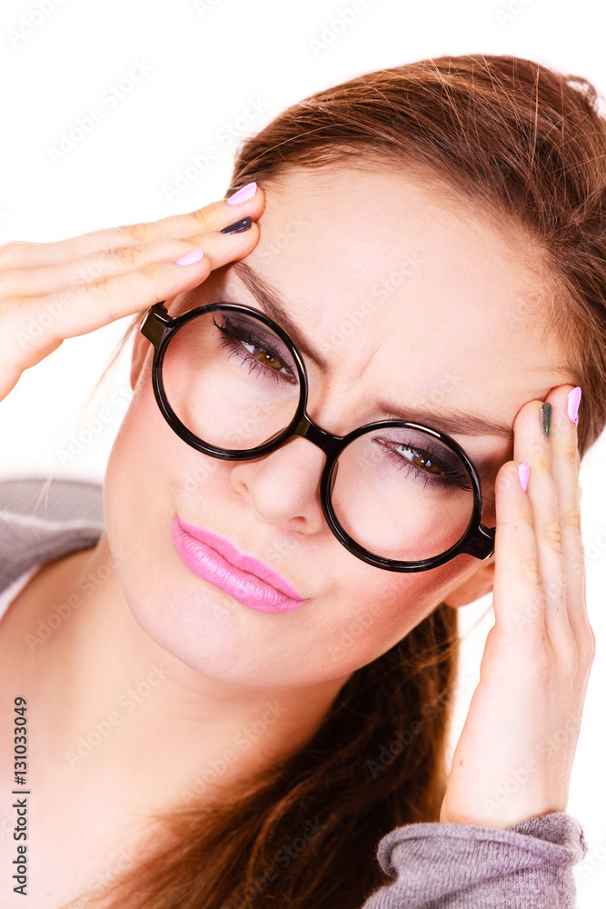 Woman suffering from headache migraine pain Woman suffering from headache migraine pain