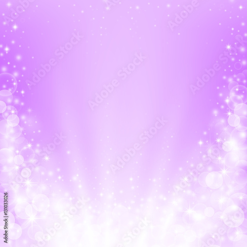 Shiny rays of light with bokeh, stars and sparkles on violet background. Vector illustration.