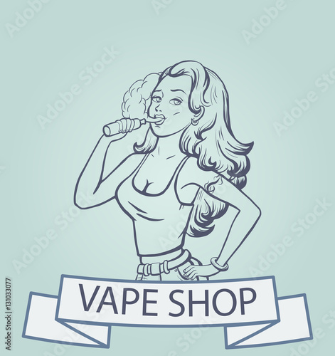 Vape shop logo. Beautiful girl with electronic cigarette. Vape shop banner, concept. Vector illustration
