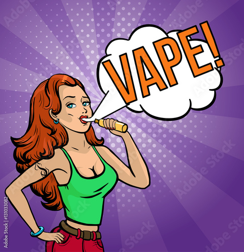 Vaping girl pop art poster. Beautiful girl with electronic cigarette. Vape shop banner, concept. Vector illustration