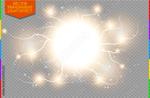 Golden abstract energy shock explosion special light effect with spark. Vector glow power lightning cluster. Electric discharge on transparent background. High voltage charged core