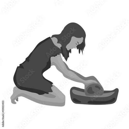 Cavewoman with grindstone icon in monochrome style isolated on white background. Stone age symbol stock vector illustration.