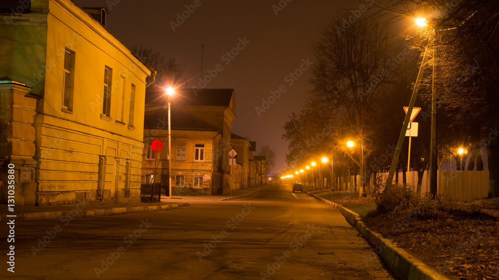A street in a historical part of Tver at night lighting.