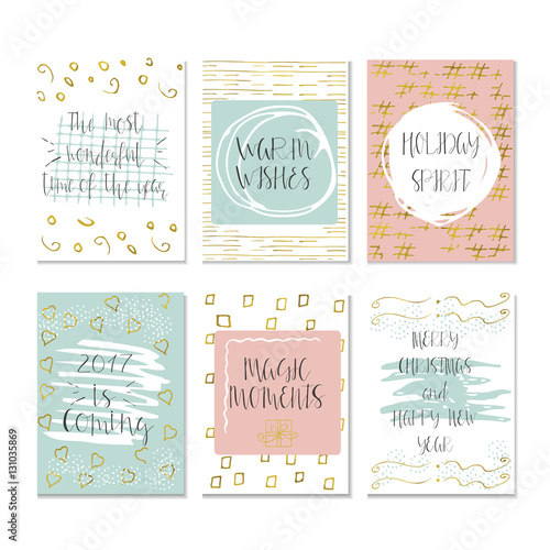 Set of 6 Christmas and Happy New Year greeting cards with handwritten brush lettering and decorative elements. Vector illustration for winter invitations, cards, posters and flyers.