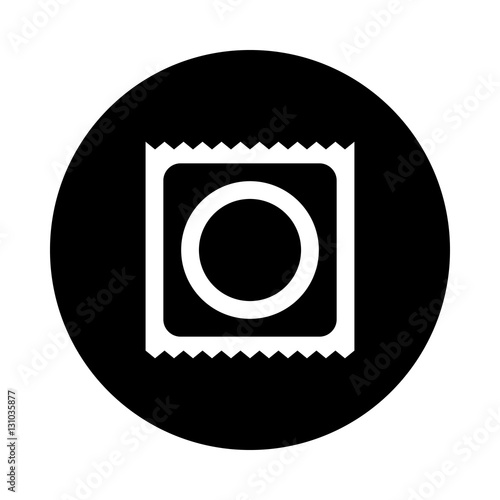 Condom icon. Black round icon isolated on white background. Round icon. Condom silhouette. Simple circle icon. Web site page and mobile app design vector element.