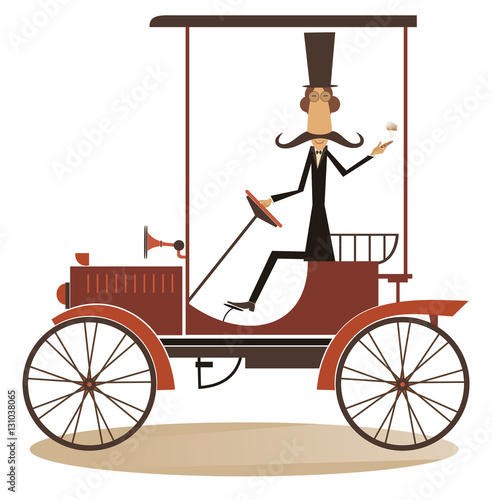 Retro car. Smiling man drives a retro car and smoking a cigar 
