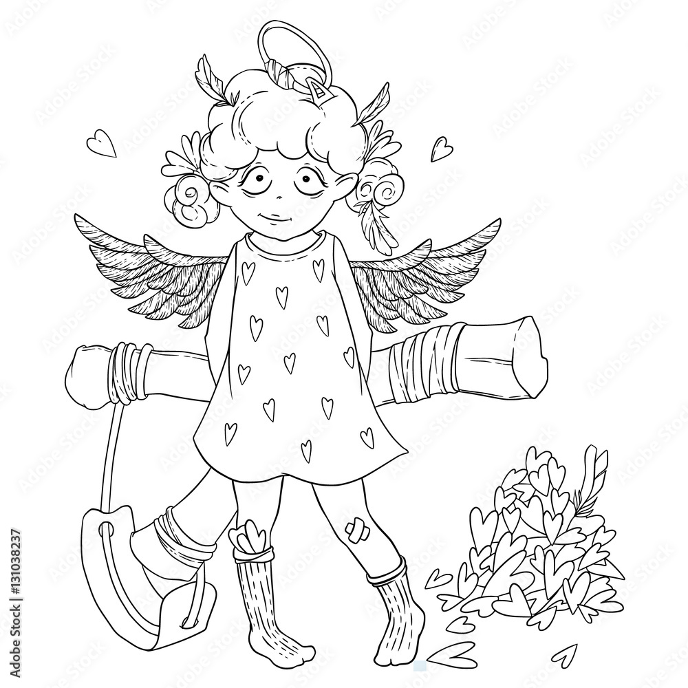 Fototapeta premium Valentine's day. Naughty cute curly Cupid-girl with slingshot behind her back, wings and halo.