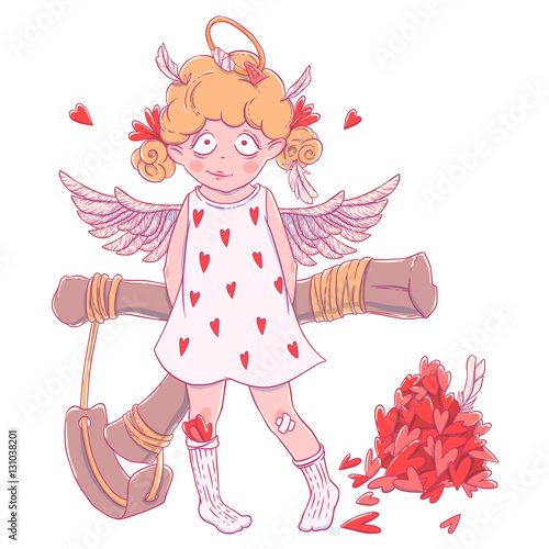 Valentine's day. Naughty cute curly Cupid-girl with slingshot behind her back, wings and halo. photo