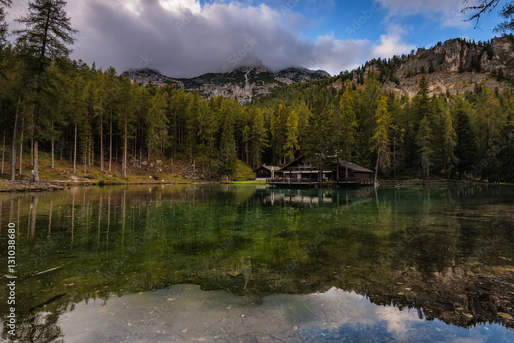 Wooden hut in Ghedina lake, Dolomiti, Italy