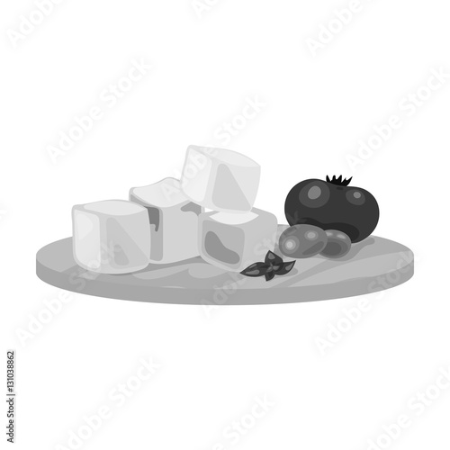 Diced cheese feta with tomatoes and olives on the cutting board icon in monochrome style isolated on white background. Greece symbol stock vector illustration.