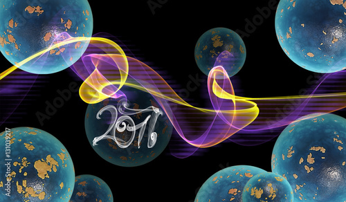 abstract colorful wavy smoke flame over black background full of planets and 2017 lettering written by blue smoke