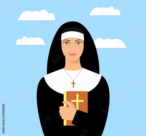 young nun with a Bible in hand. Cartoon nun