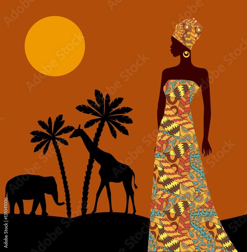 Tropical landscape. Beautiful black woman. African savannah card
