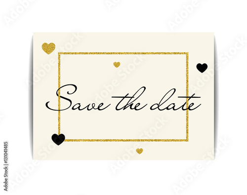 Wedding invitation with gold glitter hearts. Save the date