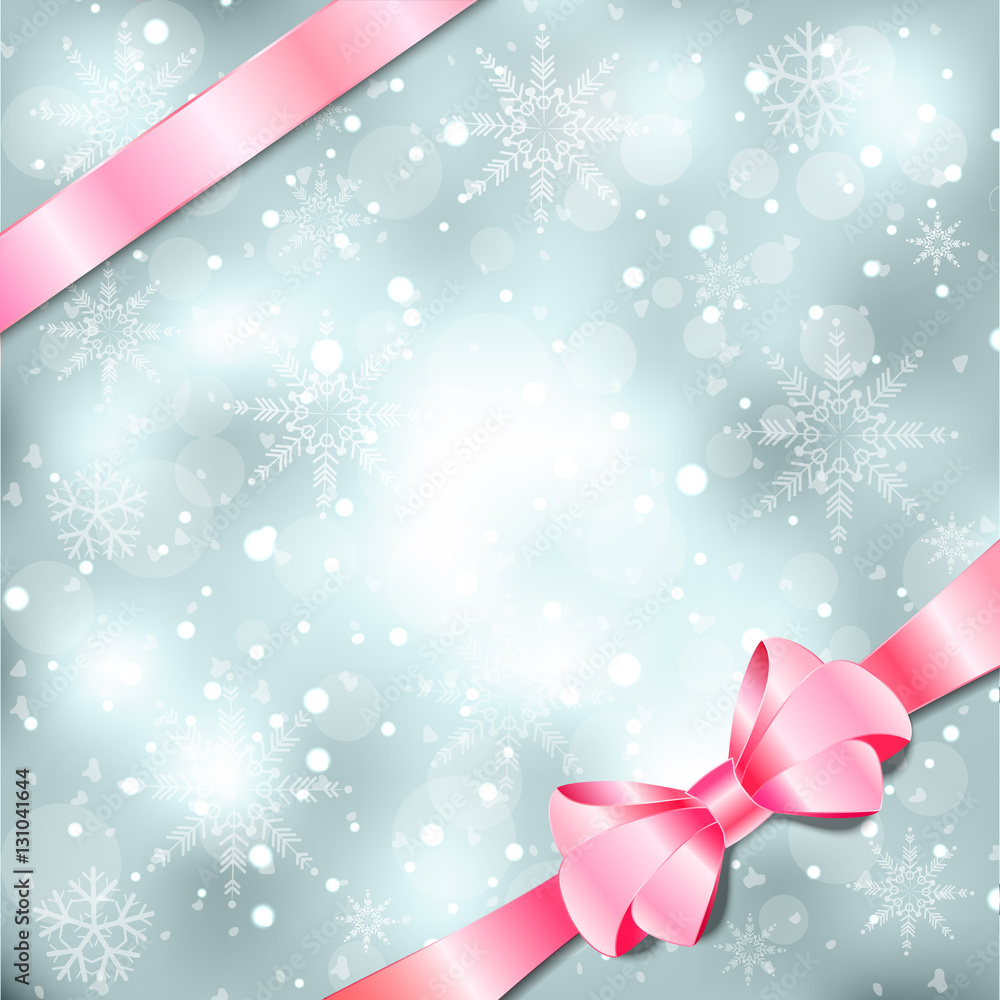 Elegant Christmas background with pink bow, ribbon and snowflake