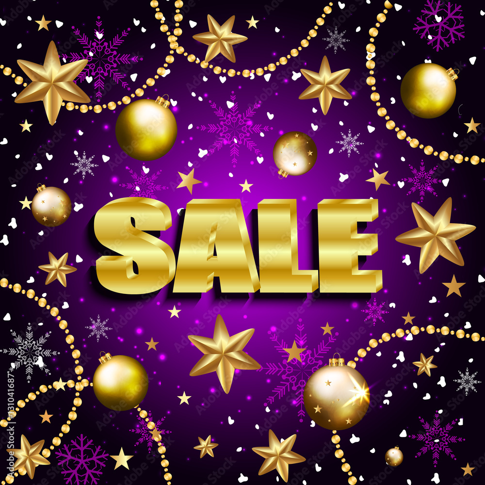 Christmas sale with golden stars, Christmas balls and snowflakes