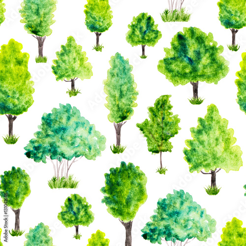 Seamless pattern with watercolor green trees and grass. Nature b
