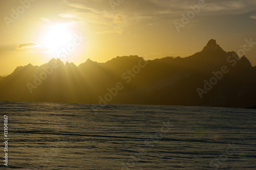 Sunset on the highest Alps peaks. From the Matterhorn glacier  Zermatt  Switzerland.