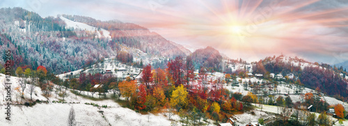 First snow fall in the Carpathian village