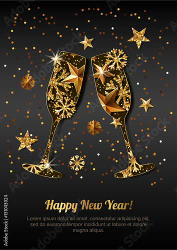 Happy New Year vector greeting card with gold drinking glasses. Holiday black glowing background. Stars, snowflakes with golden pattern. Concept for New Year banner, poster, flyer, party invitation.