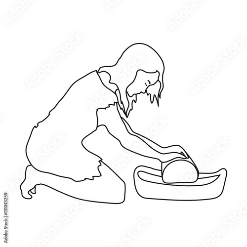 Cavewoman with grindstone icon in outline style isolated on white background. Stone age symbol stock vector illustration.